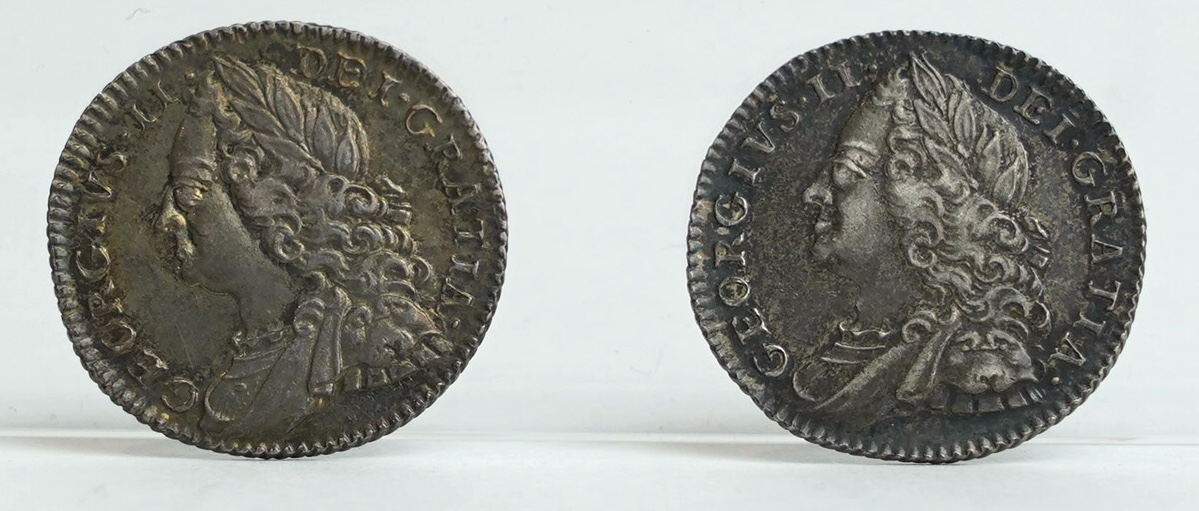 British silver coins, George II, two shilling coins, 1758, both fine/good fine and four sixpences, 1746, LIMA, fine, 1758/7, about VF, 1758, fine or better and 1757, about VF (6)